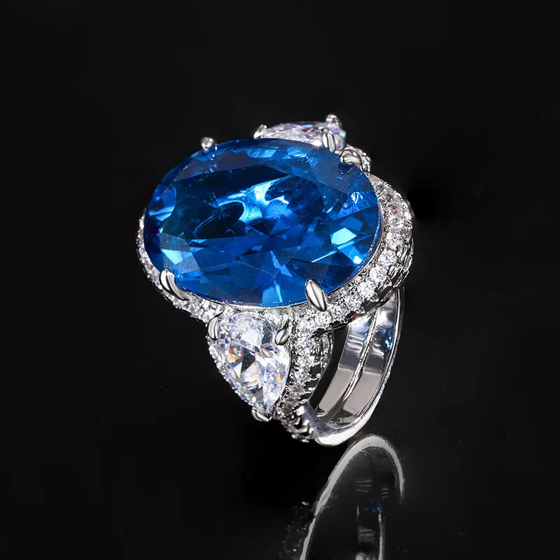 REDheart High End Millennium Rose Ring Set with Egg Shaped Blue Zircon Luxury Jewelry Valentine's Day Gift