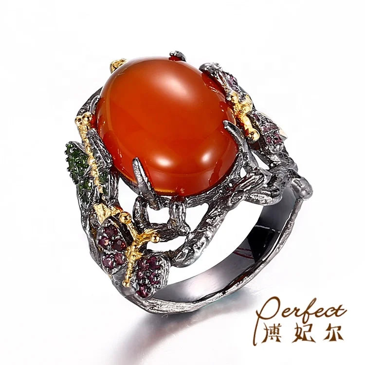 Handmade Retro Agate Stone 925 Sterling Silver Rings Jewelry With Gold Plated