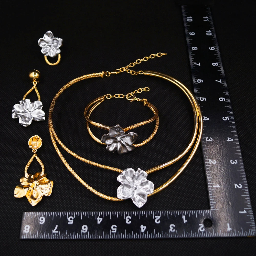 Brazilian Flowers Jewelry Sets Gold Silver Italian Jewelry Set Wedding Party Brass Necklace Bracelet Earrings Ring Jewelry