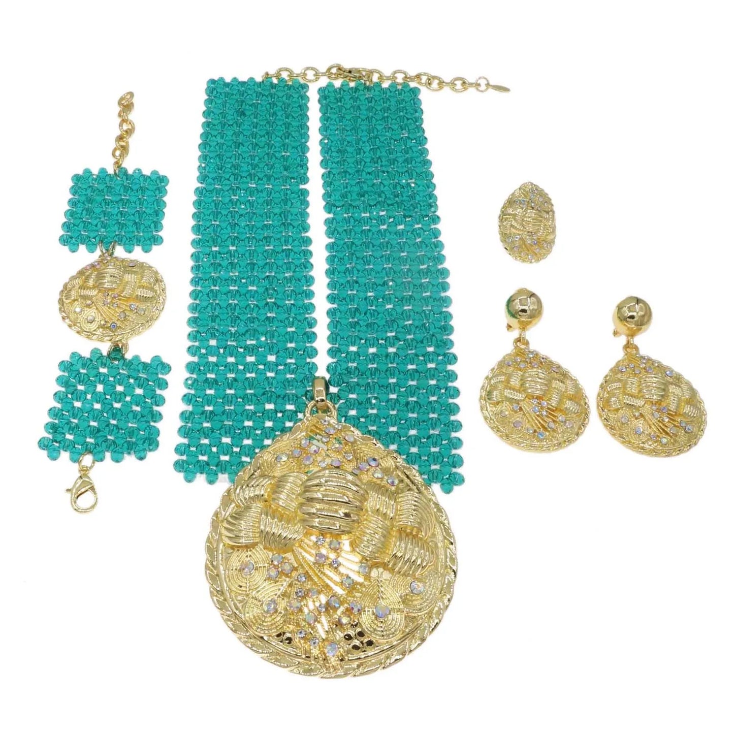 Zhuerrui Favors Women's Gold Jewelry Sets Blue Pearl Necklace Bracelet Jewelry Set Beautiful Bridal Costume Accessories H40034