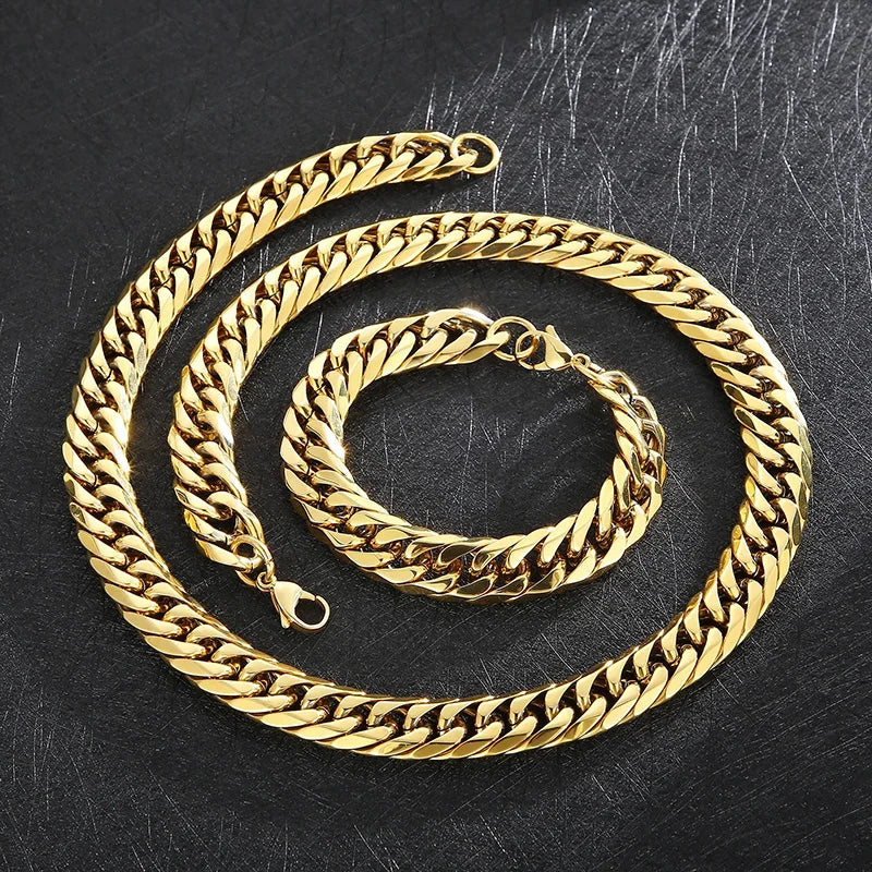 REBEL Hip-pop Gold-Plated Stainless Steel Cuban Link Jewelry Set With 65cm Necklace&23cm Bracelet