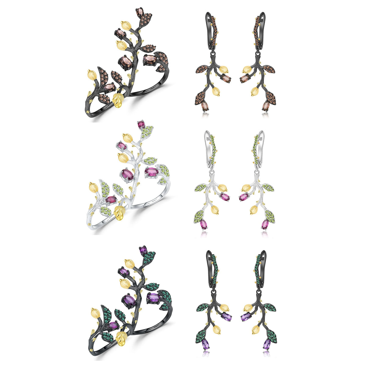 ArtistA Abiding Dainty 925 Silver Natural Rhodolite Garnet Smoky Quartz Amethyst Plant Branch Leaf Earrings Open Double Finger Ring Set