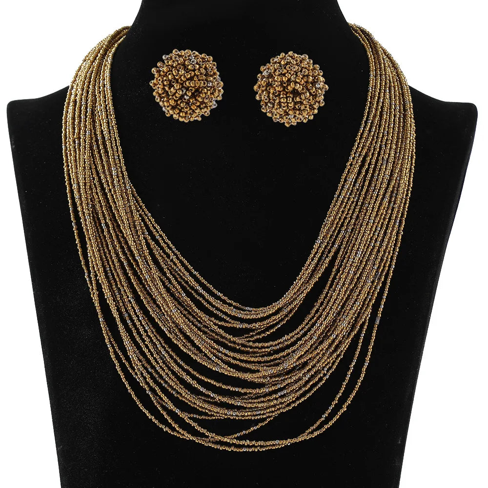 Bohemian Multi-Layer Rice Bead Necklace & Earrings Set | Retro Ethnic Style Glass Bead Jewellery | 9 Colours