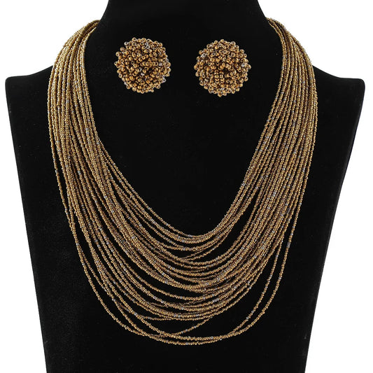 Bohemian Multi-Layer Rice Bead Necklace & Earrings Set | Retro Ethnic Style Glass Bead Jewellery | 9 Colours