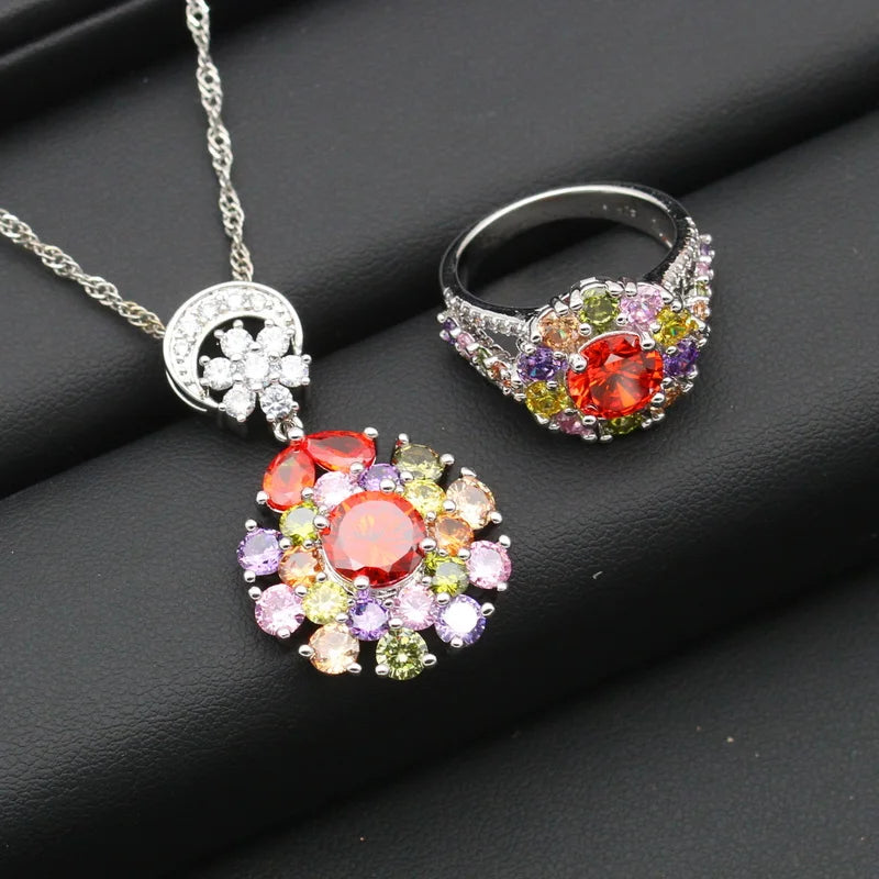XOTICA Women's Silver 925 Jewelry Set Multicolor Cubic Zirconia Classic Earrings Necklace Pendant Ring Bracelet for Weddings Parties