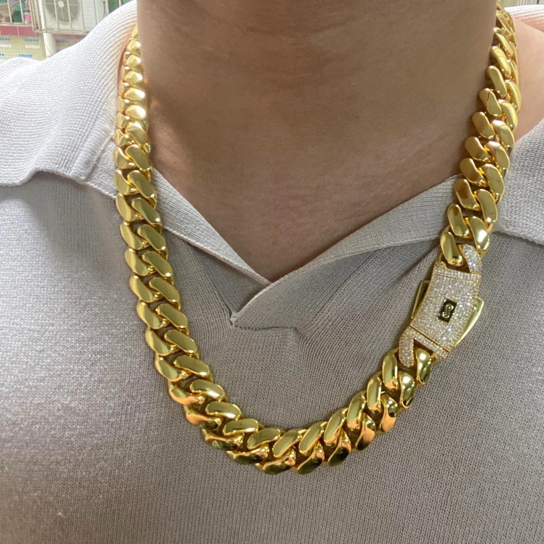 Mens Miami Cuban Link Chain Set Iced Monaco Lock Clasp 18K Gold Plated Solid Heavy Brass Necklace & Bracelet Jewelry Combo
