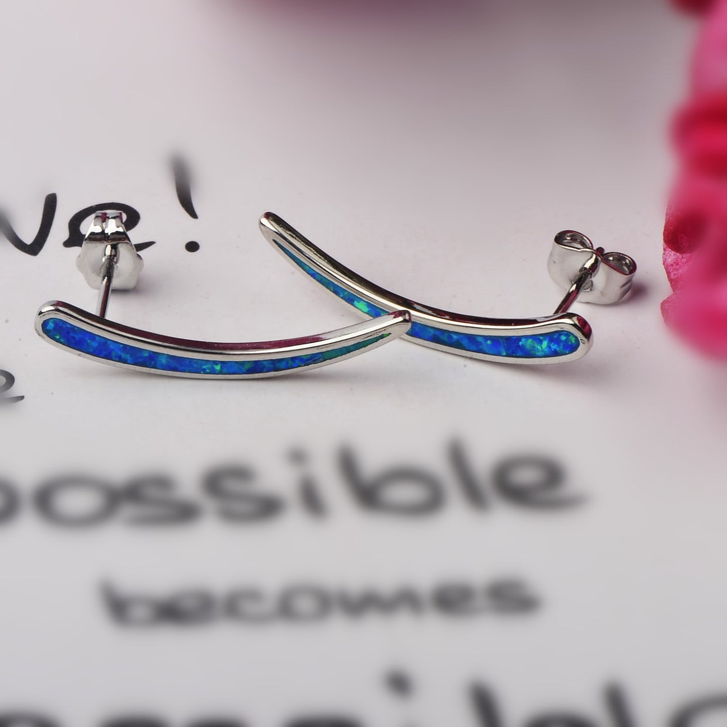 Sleek Crescent Opal  Earrings - Blue Fire Opal Inlaid Curved Frame Design | Minimalist Daily Jewelry Bulk Gifts