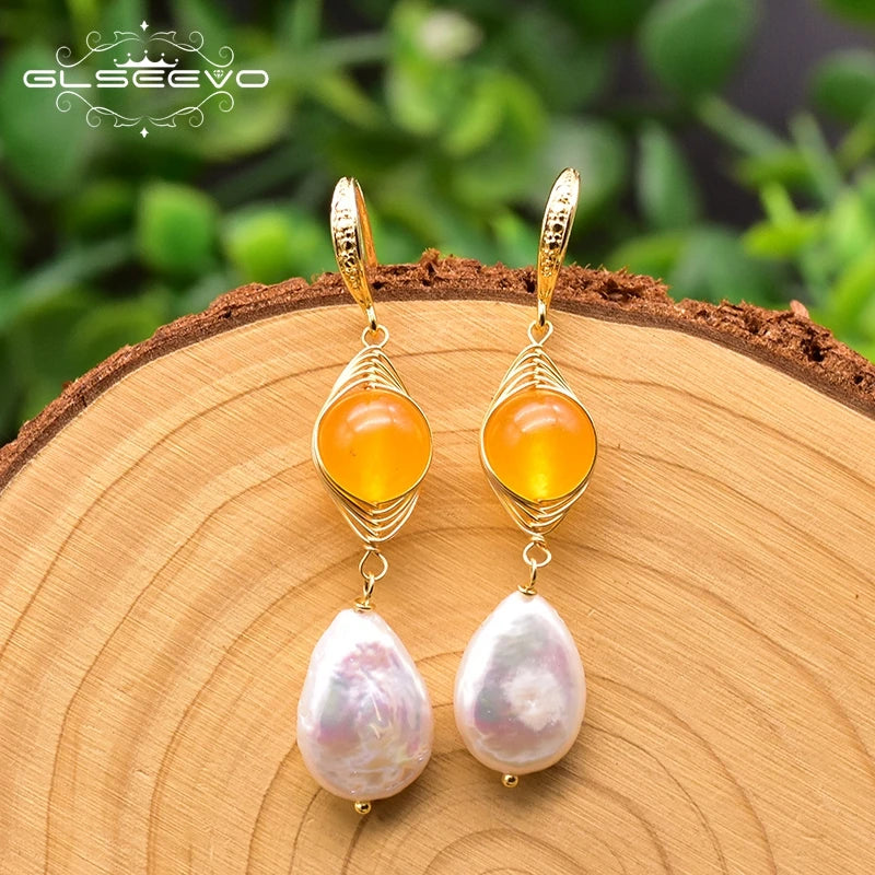 Natural Baroque Pearls Dangle Earring Yellow Jade Jewelry for Women Girl Birthday Gift  Earrings Bulk