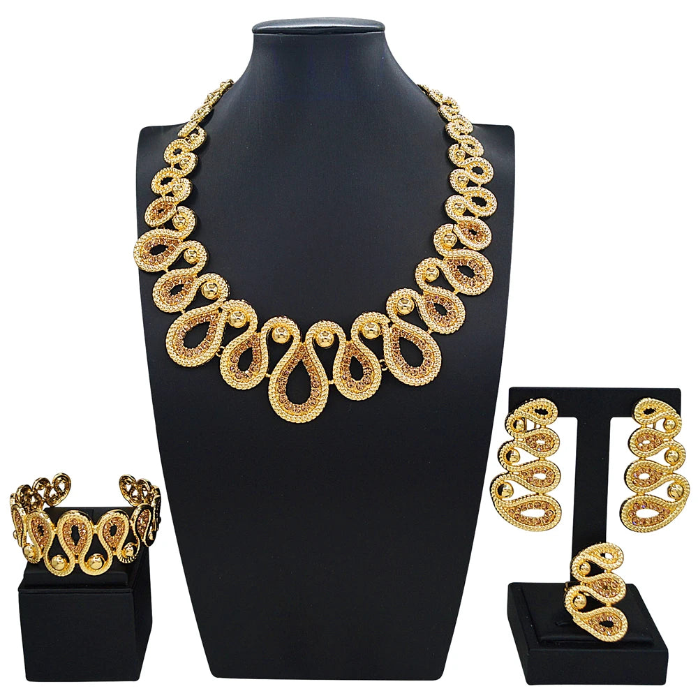 Zhuerrui Retro Infinity Gold Plated Textured Chain Jewelry Set Women Necklace Earrings Bracelet Ring Daily Wear Jewelry I0100
