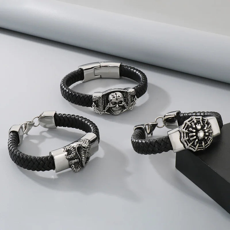 KALEN Fashion Mens Bracelets Stainless Steel Cowhide Leather Lion Head Bracelet Bangle