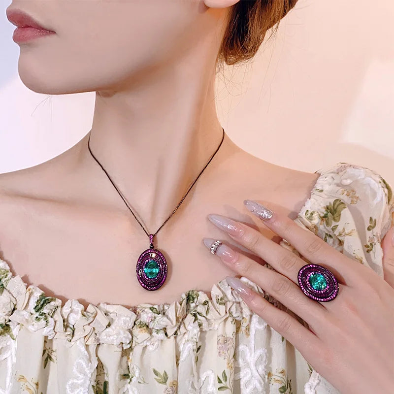 REDheart Copper Inlaid Gold Plated Black Gold Open Ring Simulation Dry Rose Egg-Shaped Texture Pendant Set for Wedding and Party
