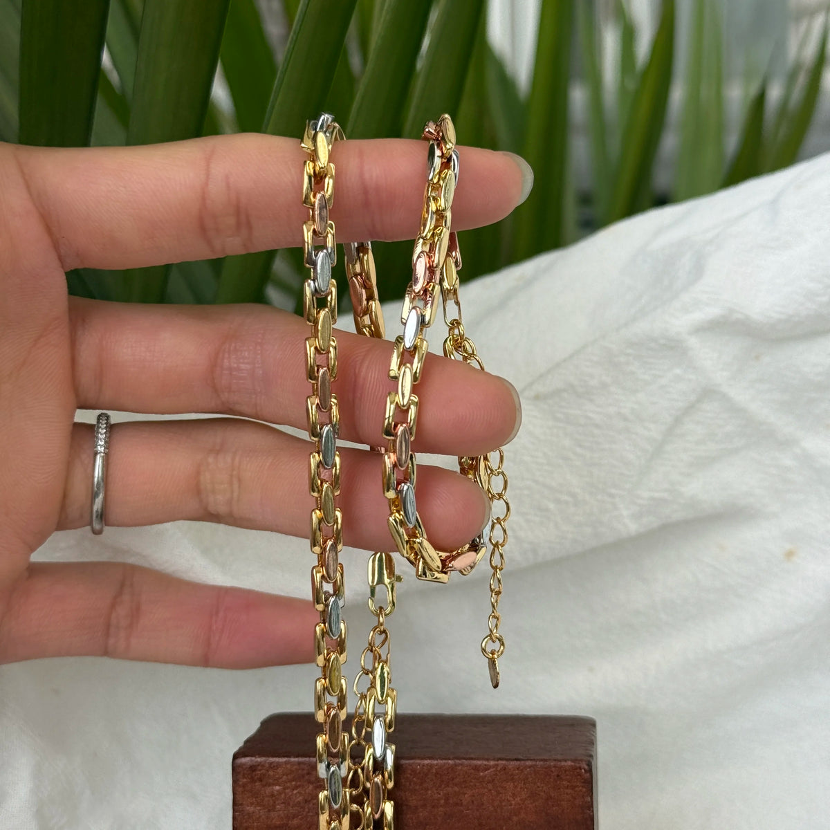 Women 45CM Tricolor Jewelry Set Women Geometric Flat Wheat Chain Luxury Design Gold Plated Fashion Jewelry Necklace Bracelet Set