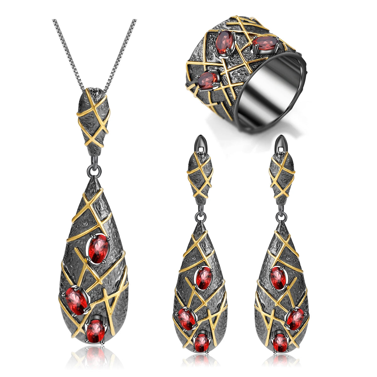 ArtistA Abiding Understated Luxury Vintage Black Gun Plated 925 Silver Interlacing Patterns Natural Red Gemstone Garnet Jewelry Set