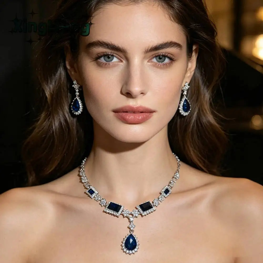 XM S365 Silver Plated Sapphire Blue Crystal Statement Necklace & Earrings Set