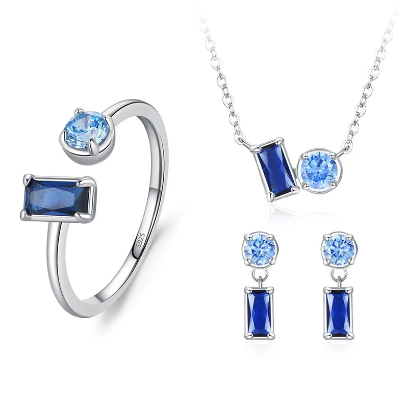 S&S Geometric Blue Zircon 925 Silver Jewellery Set | Rhodium Plated Necklace, Earrings & Ring | S&S Collection