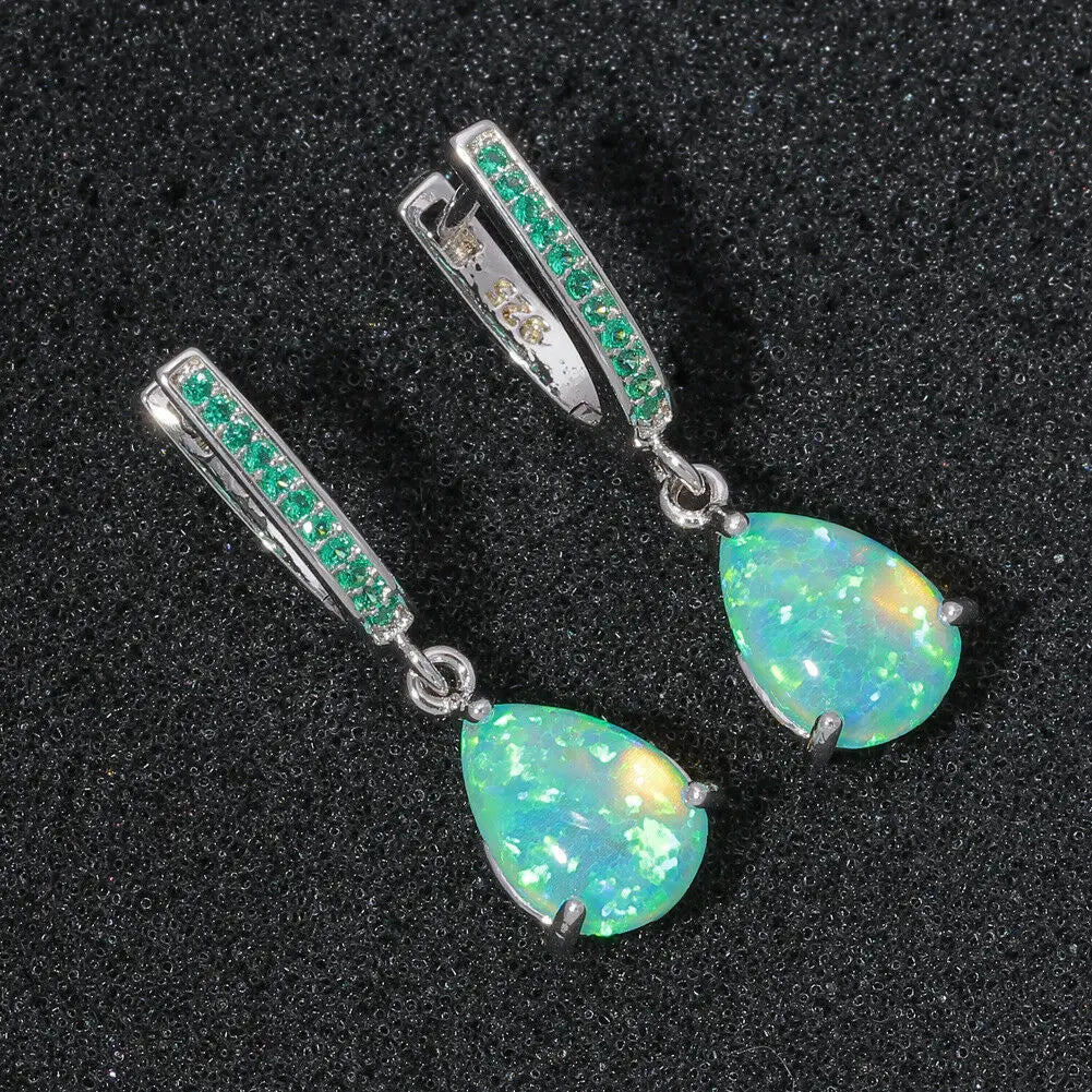 Retro Bohemian Christian Teardrop Green Opal Silver Plated Brass Earrings Elegant Women's Gift Bulk Supply