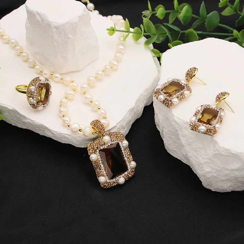 XOTICA Natural Baroque Pearl 18K Gold Plated Women's Gift Jewelry Necklace Bracelet Earrings Fashion Designer Jewelry Set