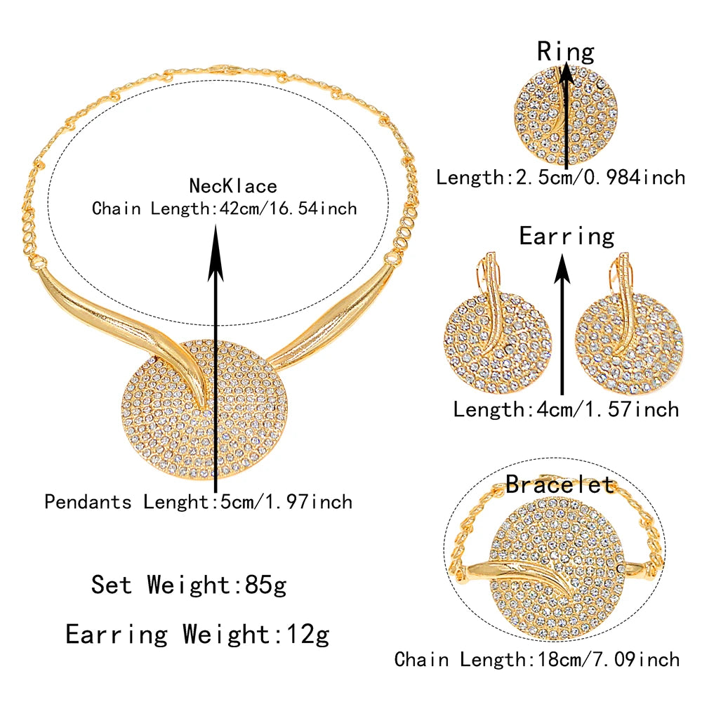 Zhuerrui Gold Plated Jewelry Set for Women Rhinestone Embellished Circular Necklace Earrings Bracelet Ring Party Gift HB01914