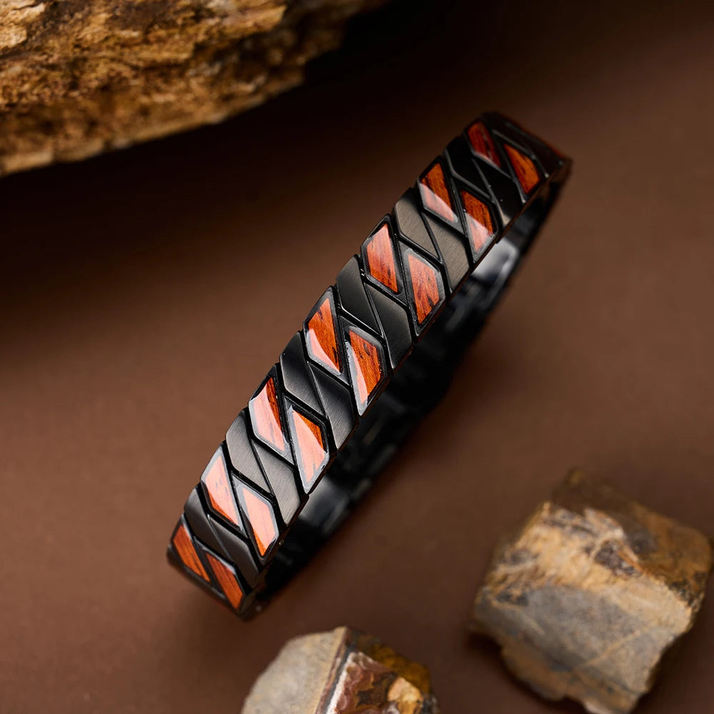 REBEL China Factory Custom Logo Engraving Black Stainless Steel and Red Wood Bracelet for Men