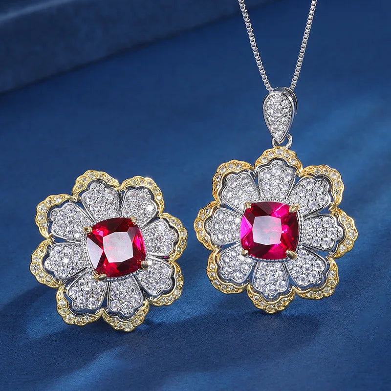 Gemfiori Super Flash Color Treasure Light Luxury Premium Pomegranate Red Pendant Ring Set Cold Style Charm Jewelry