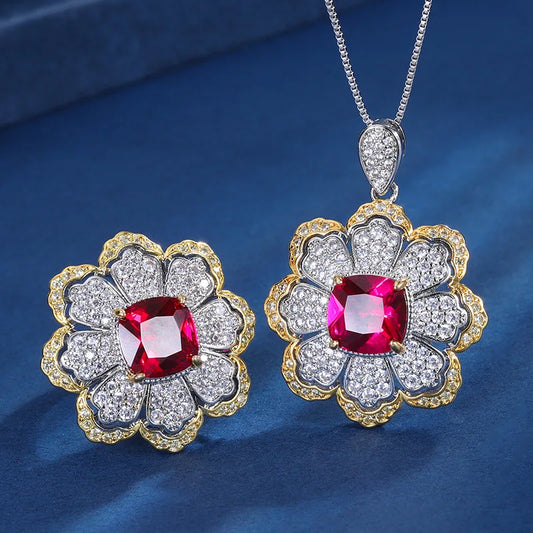Gemfiori Super Flash Color Treasure Light Luxury Premium Pomegranate Red Pendant Ring Set Cold Style Charm Jewelry
