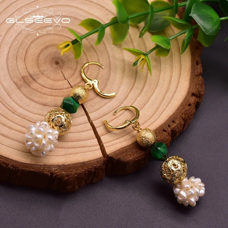 Original Design Natural Green Stone Fresh Water Pearl Dangle Earring for Women Mother Anniversary Ethnic Jewelry