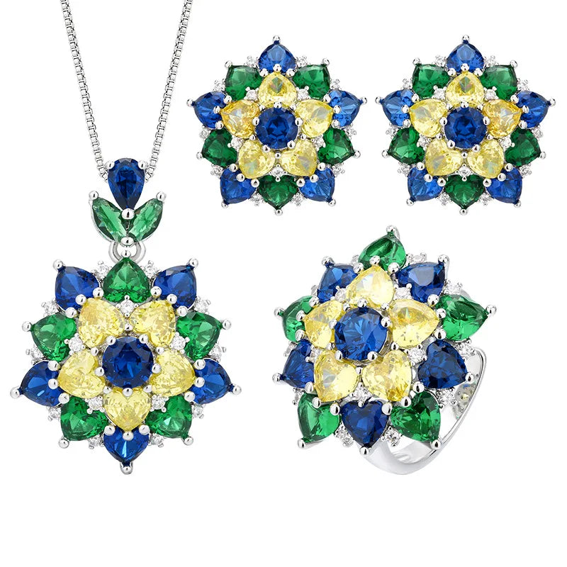 Gemfiori European and American Minimalist Zircon Earrings Necklace Ring Set Fashionable and Colorful Flower Design Jewelry
