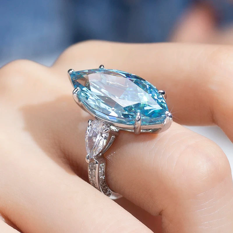 Messi Jewelry MSR-949 Silver Gold/Rose/White Big Carat Cubic Zirconia Diamond Ring Blue Marquise High Carbon Diamond Ring