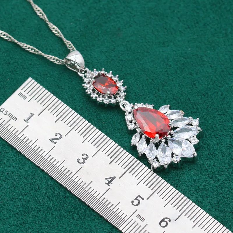 XOTICA Classic Dubai Set for Women Red White Zircon Silver Color Alloy Bracelet Earrings Necklace Pendant Ring for Wedding Parties