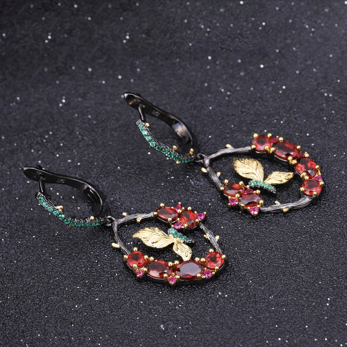ArtistA Abiding Dainty Natural Gemstone Garnet 925 Silver Branch Butterfly Earrings Ring Jewelry Set with Two Tone Plated Best Gifts