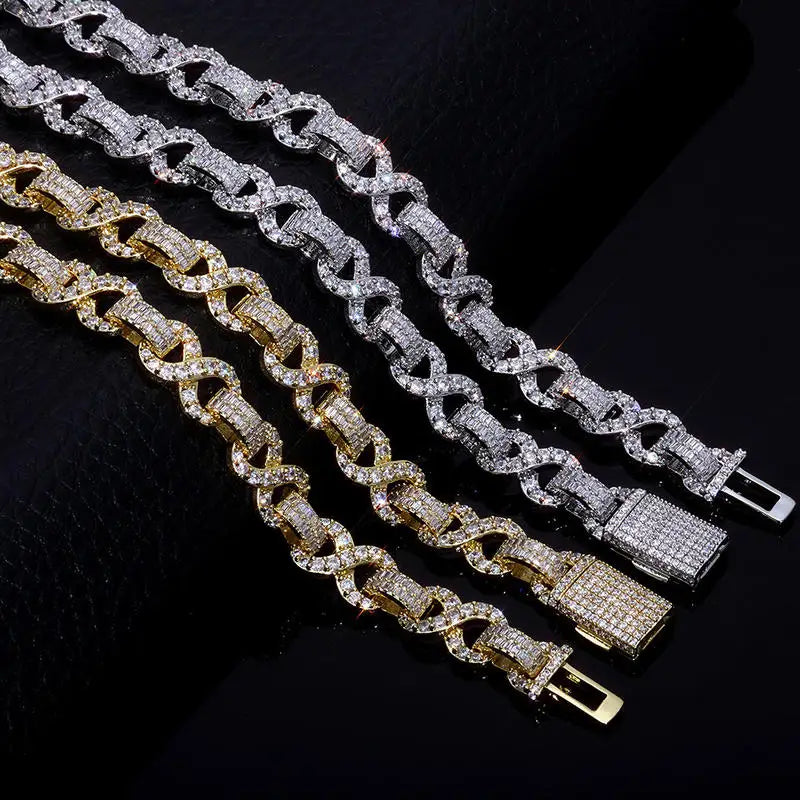 REBEL HY Trendy 10mm Geometric Square CZ Infinite Loop Hiphop Bling Bling Necklace Bracelet Set Gold Finish Fashion Sliver Cuban