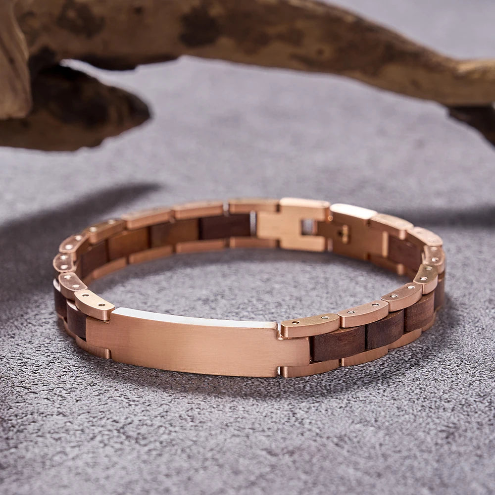 REBEL Men's Classic Skeleton Skeleton Bracelet Adjustable Stainless Steel and Wooden Link Rose Gold Walnut Wood for Anniversaries