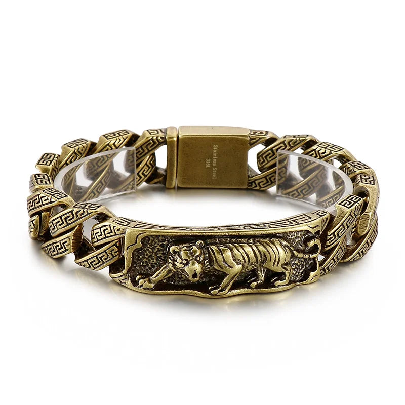 VIKING Mens Punk Tiger Pattern Link Bracelet – Silver Stainless Steel