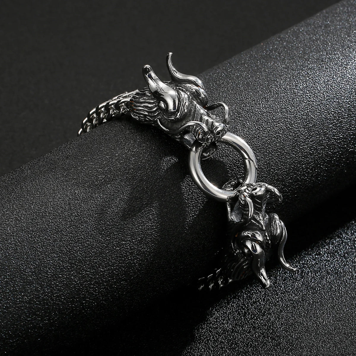 VIKING Double Dragon Multi-Layer Charm Bracelet – 316L Stainless Steel Men's Wide Silver Bangle