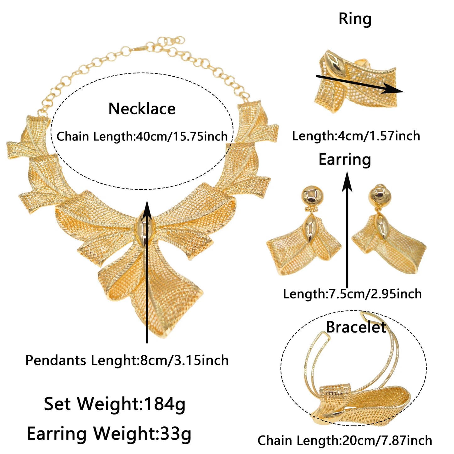 Zhuerrui New =Italian Jewelry 4-piece Set Gold Plated Bow Mesh Copper Ring Fashion Exquisite Ladies Party Jewelry Gift BoxH00774