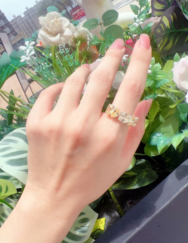MuShan Jewelry Factory Original Irregular Diamond S925 Silver Ring with Yellow Diamond and Zircon Set for Women