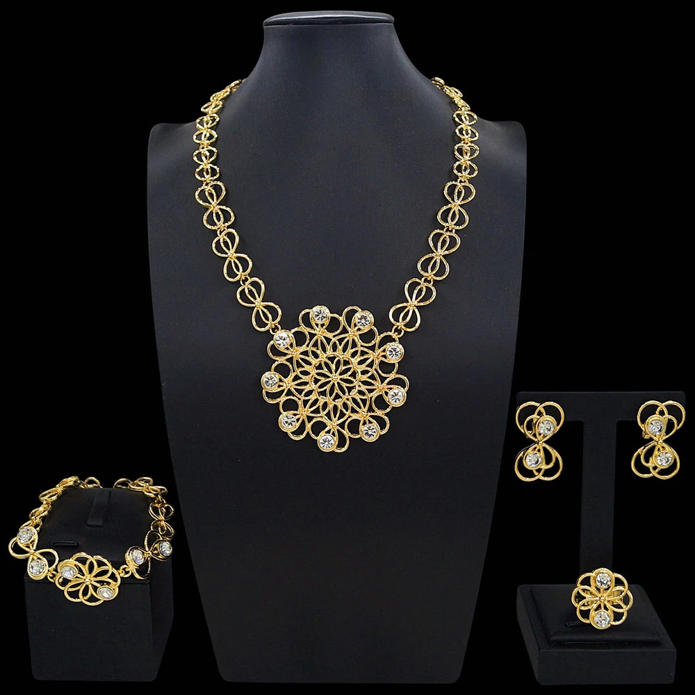Zhuerrui Italian Gold Plated Jewelry Set Intricate Hollow Bead Cluster Necklace Earrings Bracelet Ring for Women Ceremony