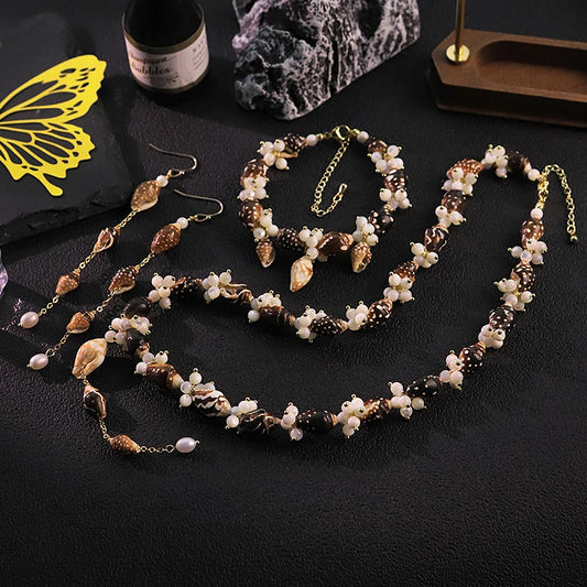 GLSEEVO Natural Freshwater Pearl & Seashell Beaded 3-Piece Jewellery Set — Necklace, Bracelet & Earrings