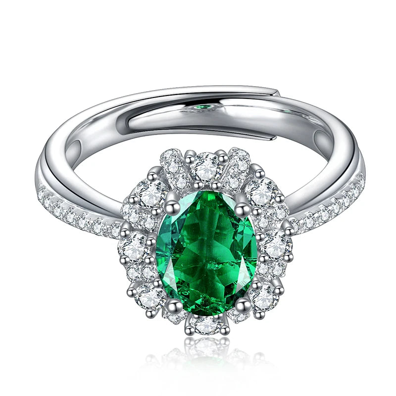 Gemfiori 100% 925 Silver Oval Emerald Stone Promise Ring With Small White Cz Diamonds for Her