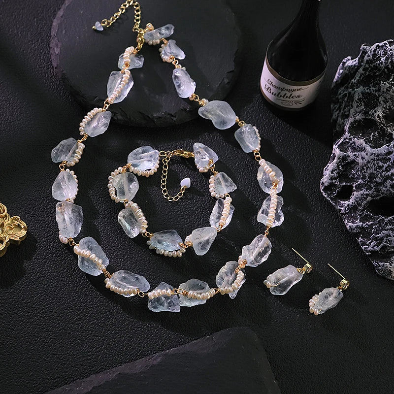 Natural Freshwater Pearl Aquamarine Jewelry Set for Women Dating Daily Party Gift Pearl Jewelry Set Ocean Style Dainty Jewelry