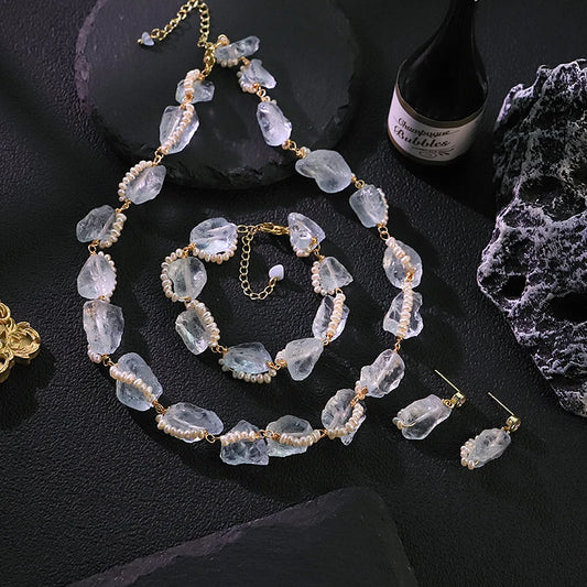Natural Freshwater Pearl Aquamarine Jewelry Set for Women Dating Daily Party Gift Pearl Jewelry Set Ocean Style Dainty Jewelry