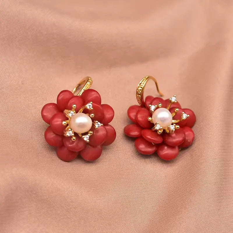 Red Coral Natural Pearls Fashion Accessories Set Fine Woman Ring Earrings Necklace Luxury Customized Jewelry Wedding