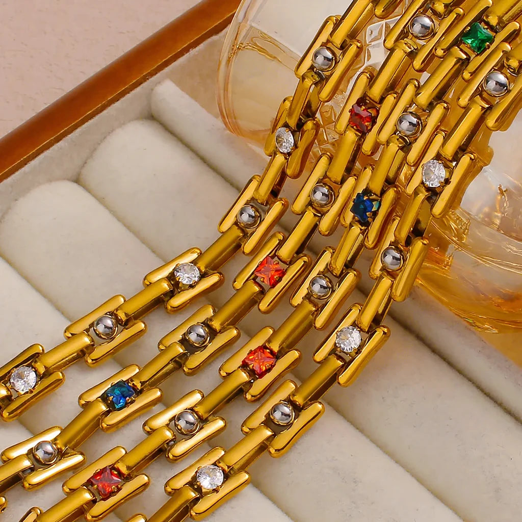 S&S Elegant Stylish Colorful Zircons Bracelet Necklace Jewelry Set Stainless Steel with Real Gold PVD Plating Wedding Gift