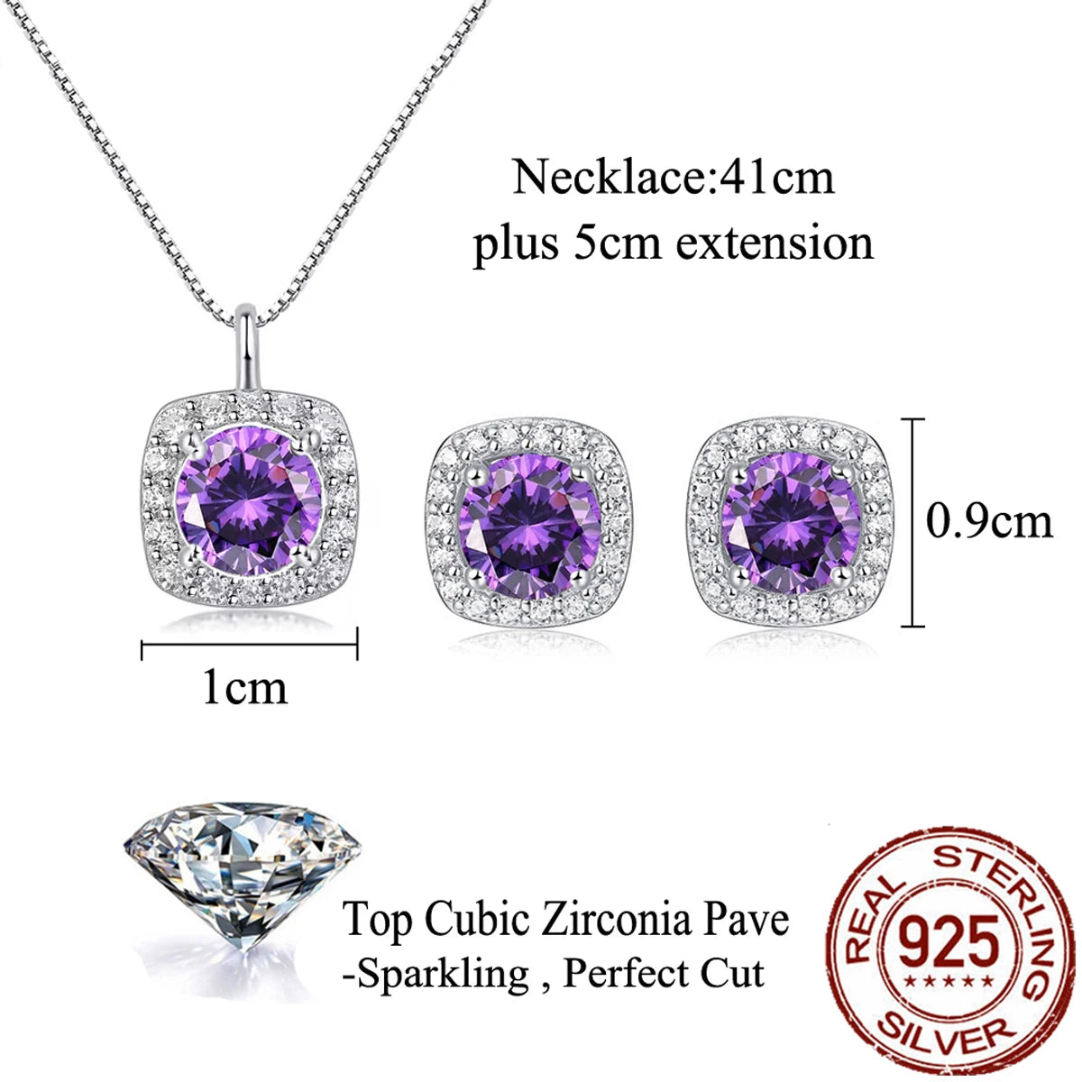 925 Sterling Silver Jewelry Set Square Purple Round Cubic Zirconia Pendant Necklace Stud Earrings Jewelry Set for Brides Wedding