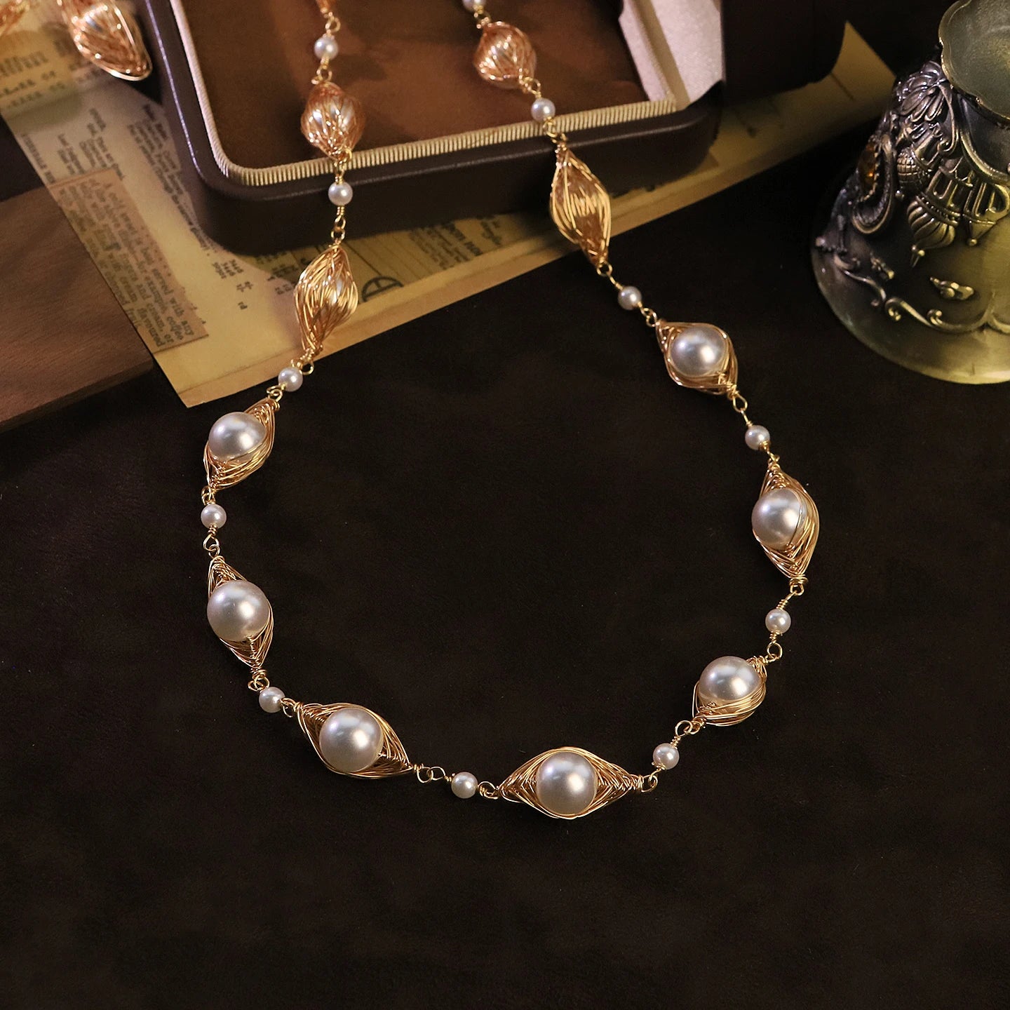 Shijia Pearl Wire Wrapped Sweater Chain Necklace for Women Daily Banquet Birthday Party Gift Dainty Necklace Fashion Jewelry