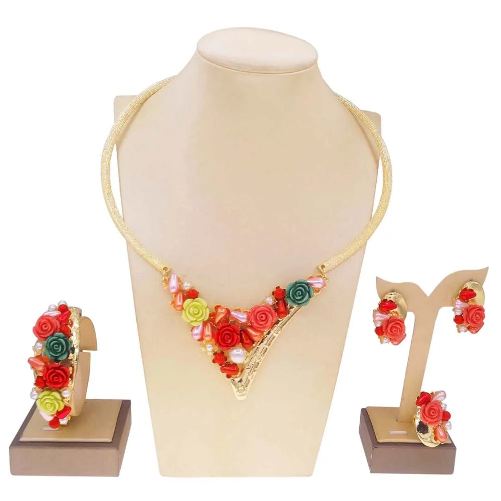 Zhuerrui Italian Gold Luxury Wedding Jewelry Sets Multi Color Flowers Necklace Bracelet Jewellery Set High-end Luxury H00707