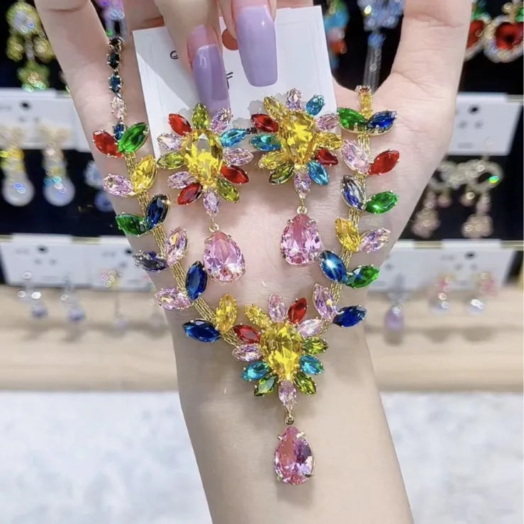 K029 High End Trendy Luxury Exquisite Multi Zircon Flower Necklace and Earrings Set Women Elegant Jewelry Set for Party