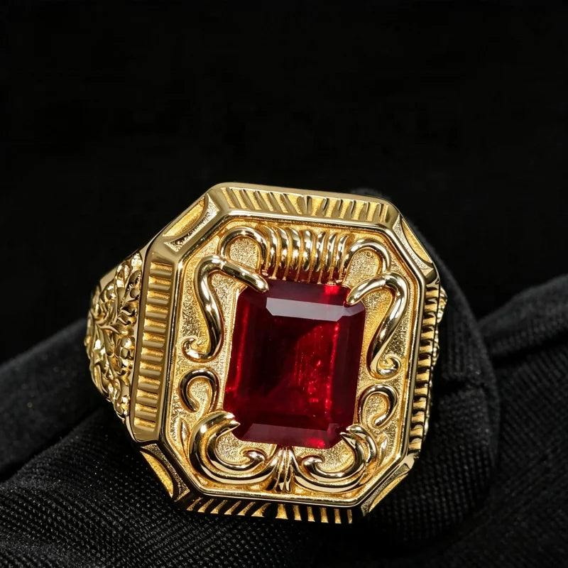 Gemfiori Fine Jewelry S925 Silver 14K Gold Plated Ruby Ring Vintage Carved Rectangle Red Gemstone Ring Wide Band Ruby Ring for Men
