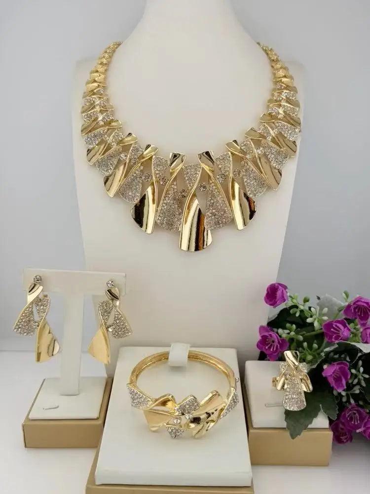 Italian Gold-Plated Jewelry Set Necklace Bracelet Earrings Ring Four-Piece Sets Inlaid with Crystals Wedding Jewellery Set