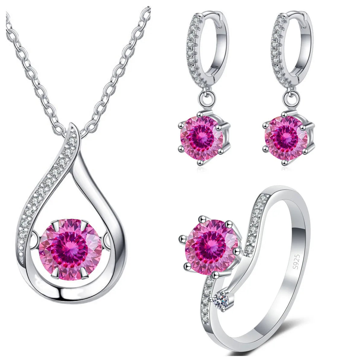 S&S 925 Silver 1CT VVS Moissanite Jewellery Set | Water Drop Necklace, Earrings & Ring | 20 Colours